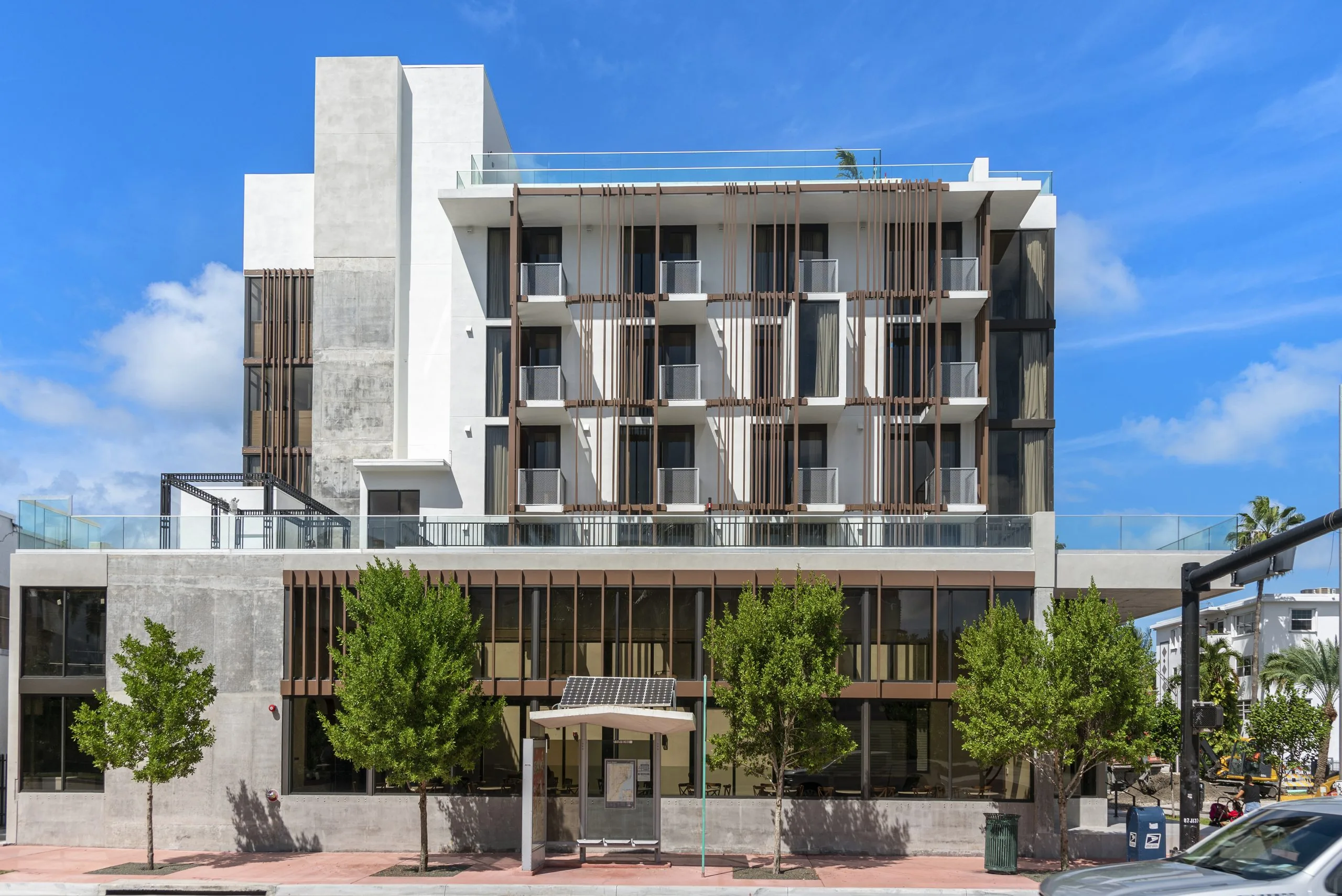 Custom metal facade louvers and balcony railings - Upsun Hotel & Social Club, Miami Beach FL