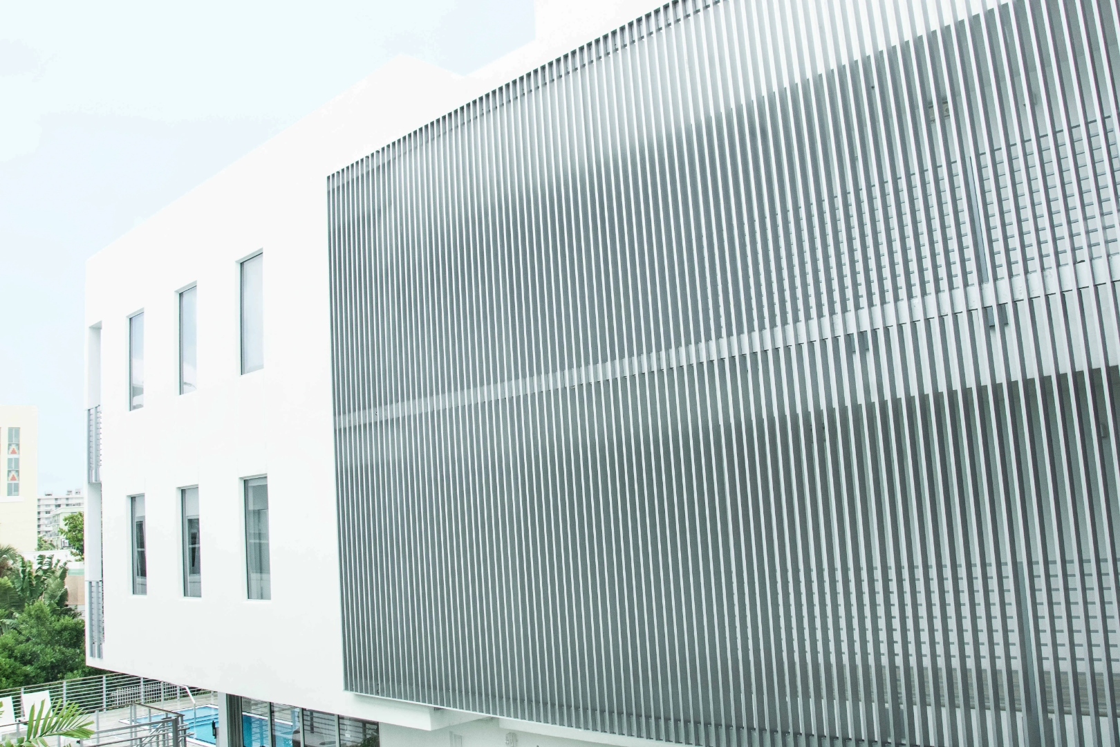 Custom aluminum facade louvers close-up - The Meridian Hotel, Miami Beach FL