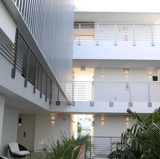 Interior courtyard with metal railings - The Meridian Hotel, Miami Beach FL
