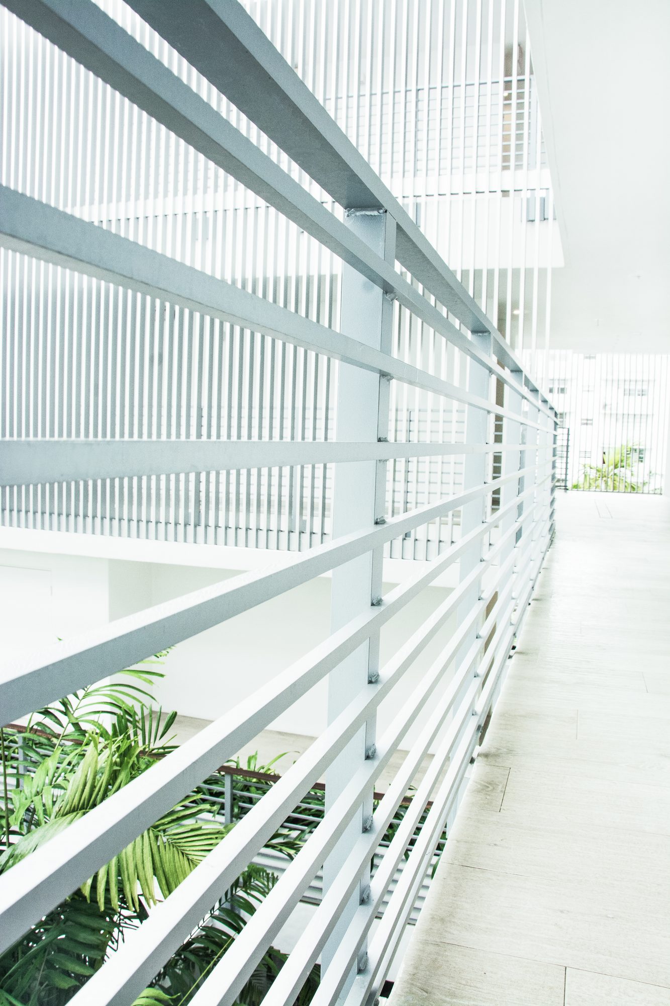 Walkway railing detail with decorative louver screen - The Meridian Hotel, Miami Beach FL