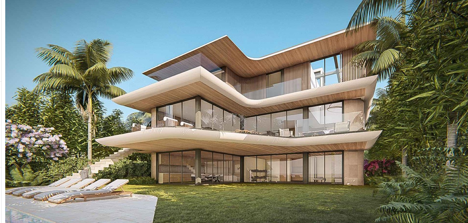 Rear exterior rendering, pool and bay view - 1215 N Biscayne Point Rd, Miami Beach FL