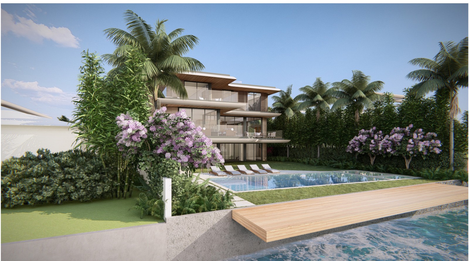 Rear pool and lawn rendering - 1215 N Biscayne Point Rd, Miami Beach FL