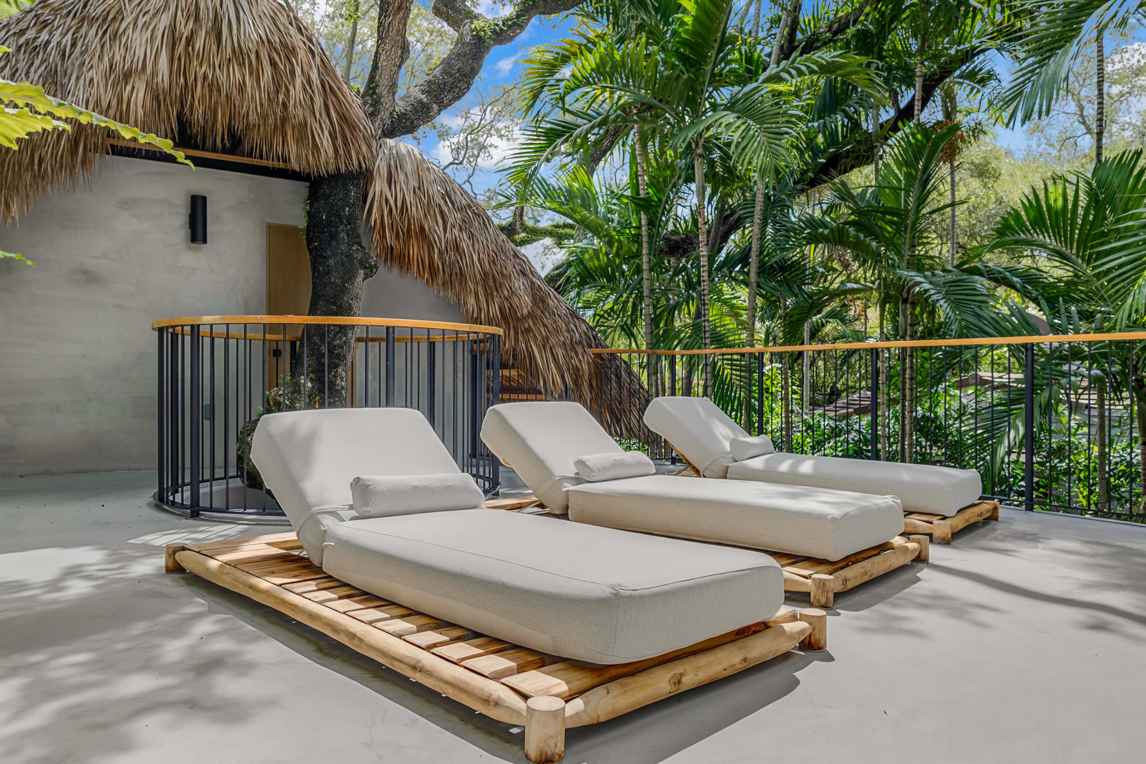 Rooftop terrace with circular tree surround railing - Jungle Book Residence, Miami FL