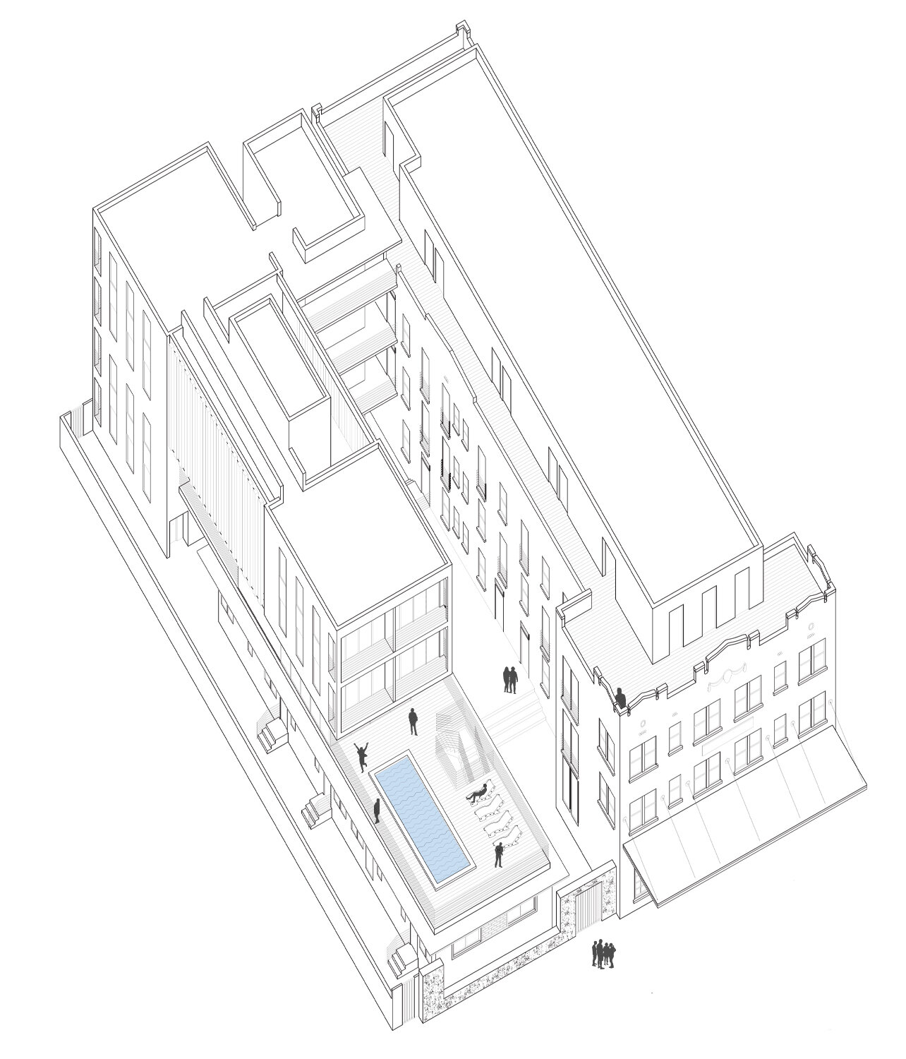 3D architectural rendering of The Meridian Hotel with courtyard and pool area.